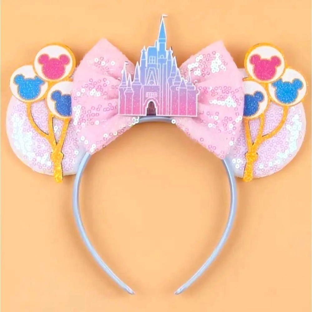 Sparkly Sequins Mickey Mouse Ears with Cinderella Castle, Balloon and Bow Accent